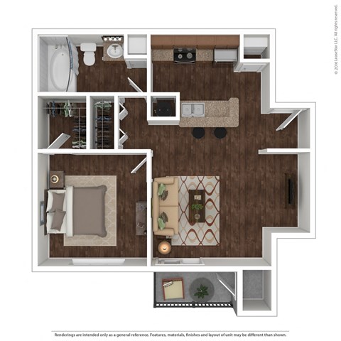 Floor plan for 1 bed, 1 bath, 670 sqft